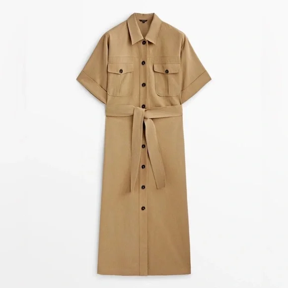 Massimo Dutti NWT khaki cotton tench shirt dress - Picture 3 of 15
